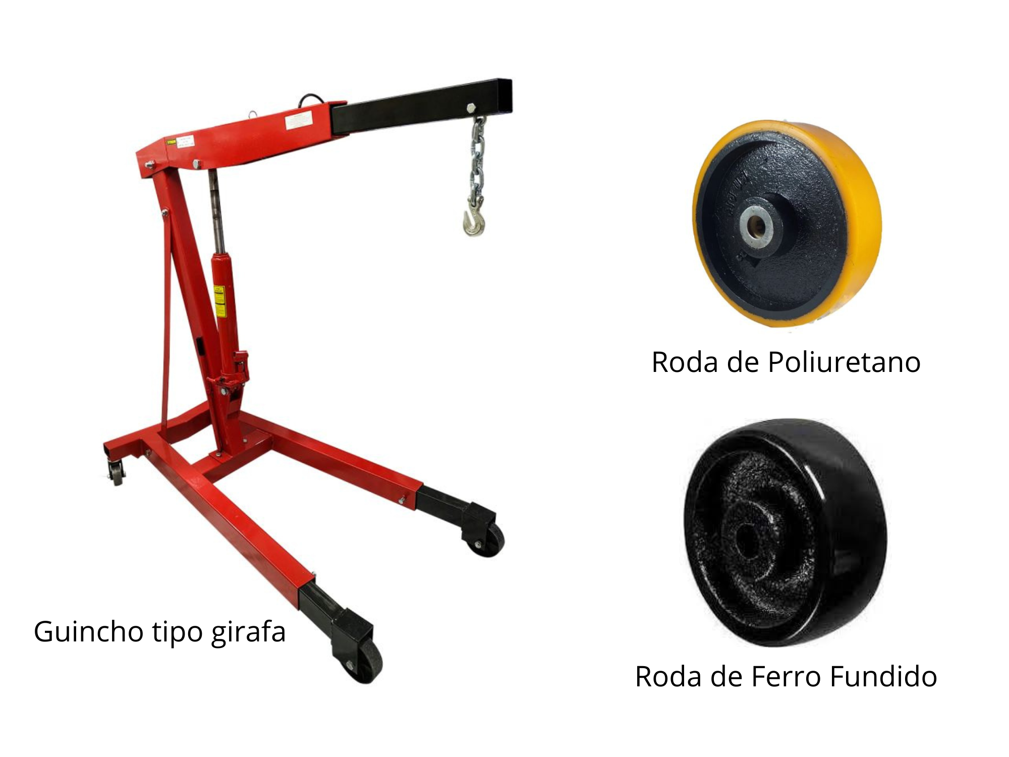 Imagem do guincho tipo girafa com uma roda de poliuretano e uma roda de ferro fundido.